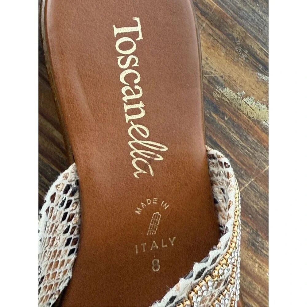 Toscanella Italy Womens 8 Brown Snakeskin Rhinestone Low Wedge Thong Sandals